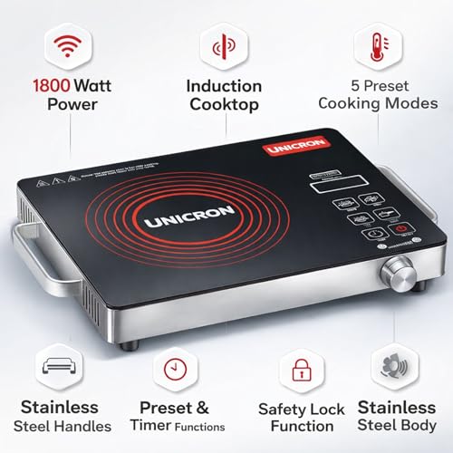 Image of UNICRON PIRC 1.0 2000 Watts Infrared Cooktop | Preset Indian Menu Options & Timer | Compatible With Any Metal Cookware With Flat Bottom | Easy to clean | Portable | Golden