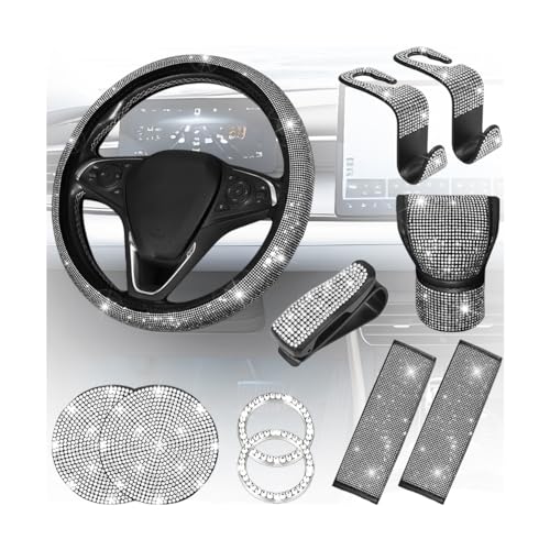 TNAIYH 11PCS/Set Bling Car Accessories Set for Women, Rhinestone Vehicle Steering Wheel Cover Seat Belt Cushion Gear Shift Protector Cup Holder Coaster, Universal Automotive Accessories (White)