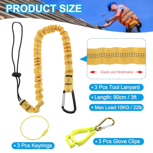Image of MECCANIXITY Retractable Tool Lanyard 3ft with Aluminum Buckle and Adjustable Loop End, Included Glove Clamps and Keychains, Fall Protection Tools Leash for Hand Tools, Yellow 3 Pack