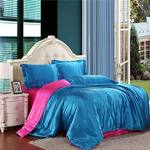 Pure Color Parure de lit, en satin de soie, comprenant 1 housse de couette, 1 drap plat et 2 taies d'oreillers, lit King Size, 220 x 240 cm, bleu et rose rouge Cover