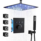 Homekicen Ceiling Shower Head System - 12' Square LED Rain Showerhead with High Pressure Handheld and Full Body Spray Jets, Thermostatic Valve Can Use All Rainfall Kit At Same Time, Matte Black