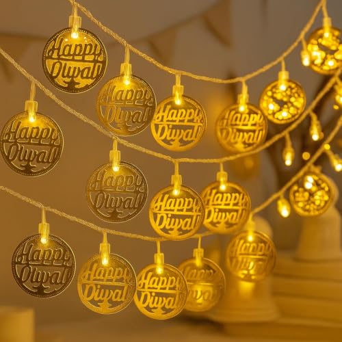 Image of MoonlitDreams 3 Meter 10 Happy Diwali Round Metallic Led String Lights, Golden Diwali Lights for Decoration for Home, Mandir & Festive Ambient Light for Diwali Decor (Plug-in)
