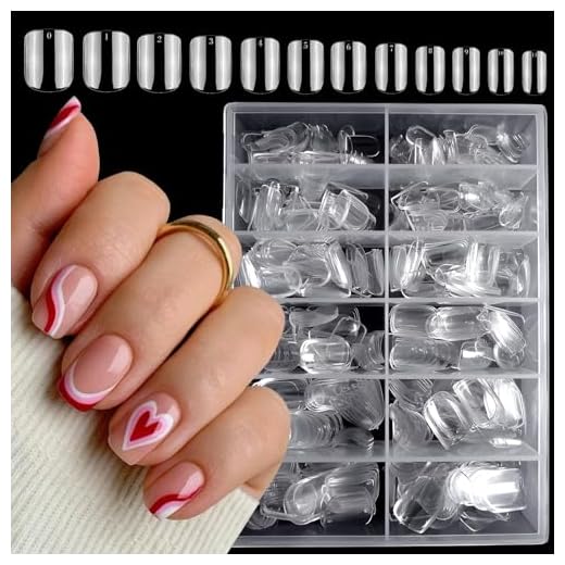 LoveOurHome 600pc Short Round Square Acrylic Nail Tips Full Cover Clear Fake Nails Artificial False Fingernails 12 Sizes for Women Teen Girls Kids Manicure Design
