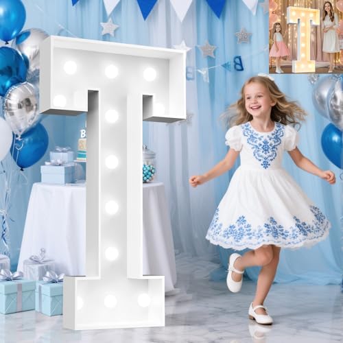 Image of Pooqla 4 FT Marquee Light Up Letters, Cool White and Warm White Marquee Letter 4 Feet Tall, Giant LED Sign Big Mosaic Letter T for Balloons Birthday Party Anniversary Wedding Decorations