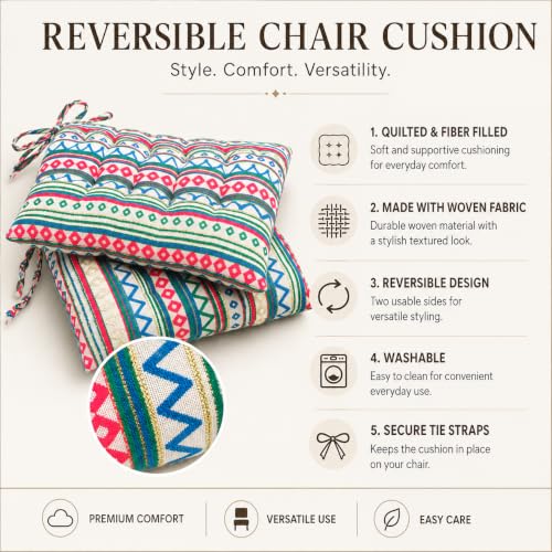 Image of Pack of 2 Washable Reversible Woven Boho Green Seat Cushions with Micro Fiber Filler & Ties for Chair, Floor Sitting, Pooja, Dining Table, Outdoor, Size 16 x 16 Inches | 40 x 40 cm
