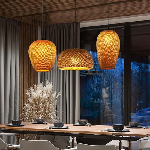 Suspension bambou tisse lustre e27 suspendue reglable luminaire bar