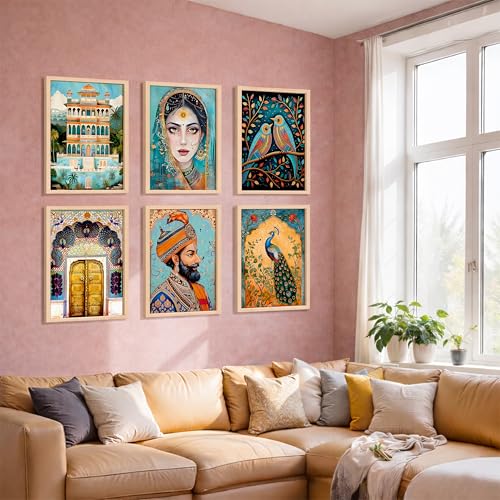 Image of NoWorries Set of 6 Wall Framed Painting | Modern Indian Art Wall Decor Frames | Traditional Woman Painting, High Quality HD Printed Framed Posters for Living Room, Bedroom, Office and Home Decoration