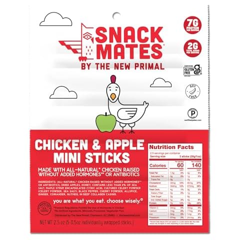 The New Primal Snack Mates, Chicken and Apple Stick - All Natural Chicken, High Protein and Low Sugar Kids Snack, Certified Paleo, Gluten Free, Lunchbox Friendly - 1 Count (Pack of 5) Cover