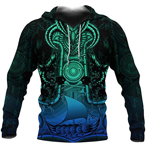 WLXW Sudadera con Capucha Vikinga para Hombre, Jersey con Estampado 3D de Tatuaje de Odin de Mitología Nórdica, Chaqueta de Hip Hop de Calle Harajuku de Moda de Otoño,Hoodie,L