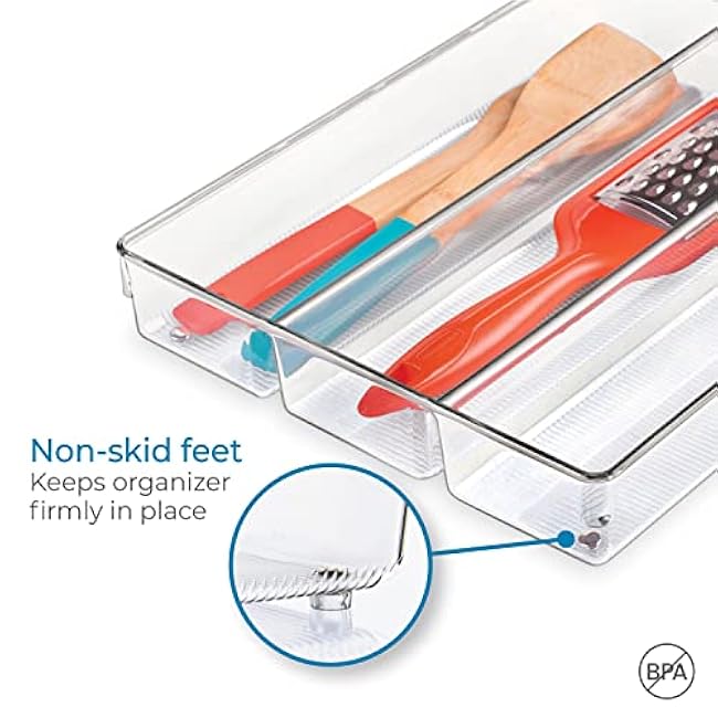 iDesign Linus Plastic Kitchen Drawer Utensil Organizer, Divided Storage Container for Silverware, Spatulas, Gadgets, 3.8 x 10.5 x 2 - Clear