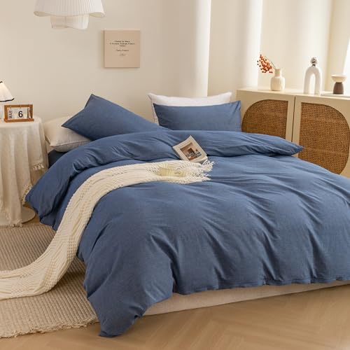 Image of ECOCOTT Denim Blue Duvet Cover Queen Size, 100% Washed Cotton 1 Duvet Cover with Zipper and 2 Pillowcases, Ultra Soft and Easy Care Breathable Cozy Bedding Set (Denim Blue, Queen)