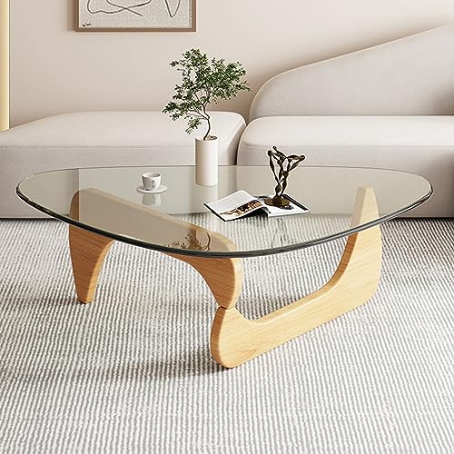 Pritiy Triangle Coffee Table With Wooden Base Clear Glass Top Mid-Century Glass Table Abstract End Table For Living Room Home Office (Raw Wood/Transparent, Medium 35.8 * 25.5 * 16In) #TOP4