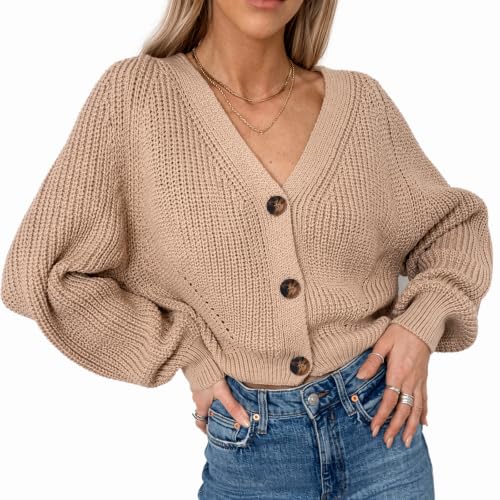 Zon Cardigan Sweater,Women V Neck Cropped Knit Cardigan, Soft Chunky Knit Button Down Sweater Jacket (Apricot,Medium)