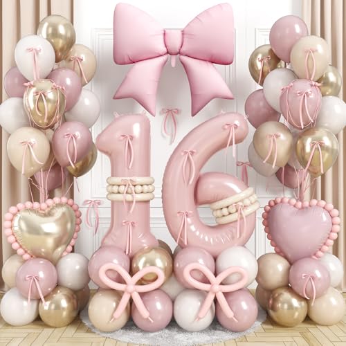 Pink Sweet 16 Number Balloon 16th Birthday Decorations for Girls Dusty Blush Pink Gold White Sand Latex Balloons Bow Heart Foil Balloon for Boho Sixteen 16 Year Old Birthday Anniversary Party Decor