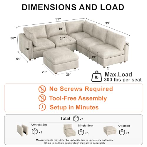 Image of 99'' Faux Leather Modular Sectional Sofa with Storage, Oversized Mid Century Modern Leather Sectional Couche for Living Room, 5 Seater Deep Seat Couch with Storage Ottoman, L-Shaped, Beige