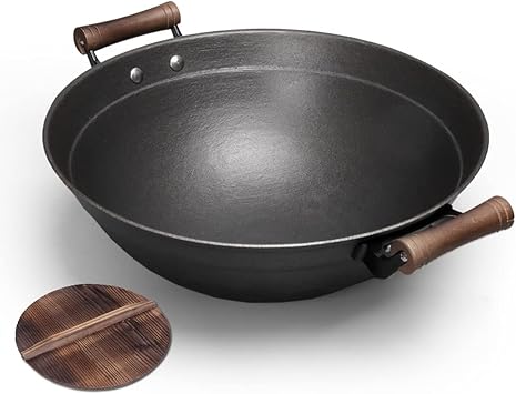 Cast Iron Wok, Non Stick Frying Pan, Cast Iron Shallow Concave Wok, Traditional Double-Eared Round Bottom Wok, Household Thick Uncoated Wok with Wood Lid Frying pan Pot36CM