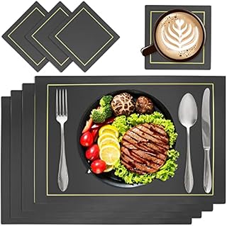 Ocves Placemats and Coasters Sets of 4, PU Leather Table Mats Heat Resistant Washable Waterproof Table Mats 45x30cm and Leather Coasters, Dinner Mats for Kitchen Dining Table Home Restaurant (Black)