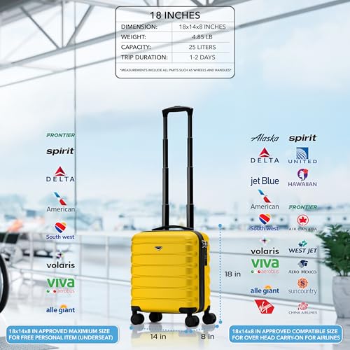 Carry On Suitcase Hardside Built In TSA Lock & USB Port Silent Double Spinner Wheels Maximum Underseat Carry-On Bag For American & United Approved Airlines( 18x14x8",Yellow ) の商品画像 2