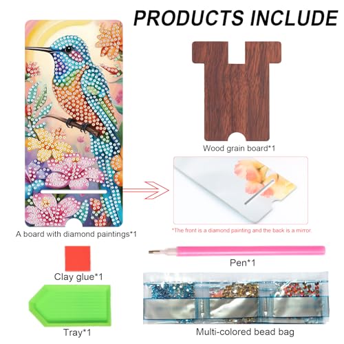 Image of Hummingbird Diamond Painting Phone Stand with Mirror, Floral DIY Wooden Diamond Art Desktop Holder, 2-in-1 Multi-Functional Diamond Painting Tabletop Ornament for Home and Office
