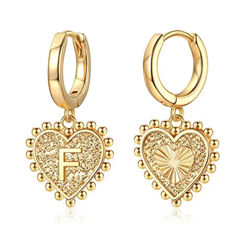 Initial Hoop Earrings for Girls Women, S925 Sterling Silver Post Heart Earrings 14k Gold Plated Huggie Hoop Earrings Cute Dainty Letter F Earrings for Girls Kids