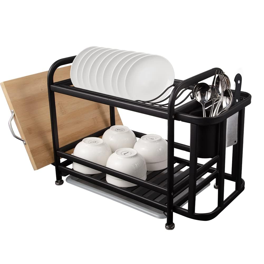 Wpond 2 Tier Dish Drying Rack with 3 Free Hooks,Double Thick 304 Stainless Steel Rustproof Dish Rack with Cutting Board Holder Utensil Holder Dish Drainer for Kitchen Counter, Black