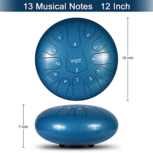 Steel Tongue Drum, 13 Notes 12 inches Hand Tongue Drum Percussion Instrument Lotus Pan Drum with Drum Mallets Carry Bag (Blue) - Thumbnail 2