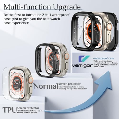 Image of VEMIGON Waterproof Case for Apple Watch Ultra 3 / Ultra 2 / Ultra with Tempered Glass Screen Protector 49mm, Full Coverage Hard PC Bumper Back Frame, Protective Cover for iWatch Ultra- (49mm Black)