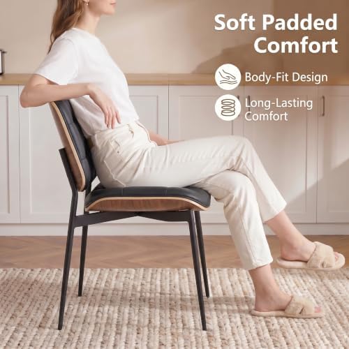 GrandNoor Mid Century Modern Dining Chairs with Walnut Grain Back,Black Faux Leather Dining Room Chairs Set of 4,Checkered Soft Cushion Kitchen Chairs with Adjustable Foot Pads - 2