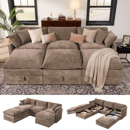 Image of Ihanherry Oversized Sectional Sofa Bed with Storage, 103 inch 6-Seater Modular Cloud Couch with Movable Ottomans, Chenille Deep Seat Sleeper Couches for Living Room (Brown)