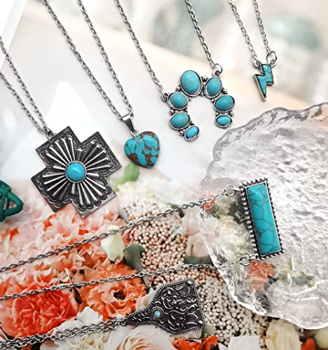 Firazio 6Pcs Western Necklaces Western Jewelry For Women Turquoise Necklace Cowgirl Tag Horseshoe Necklace Ligtning Bolt Bar Heart Western Cowboy Pendant Necklace Boho Jewelry #TOP4