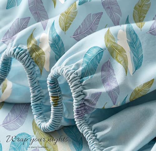 Image of VAS COLLECTIONS King Size Cotton Fitted Bedsheet (78 x 72 + 14 Inches) with Deep Pocket | 220 TC Soft Breathable Wrinkle Free Elastic Bed Sheet for King Mattress | (Green & Sky)