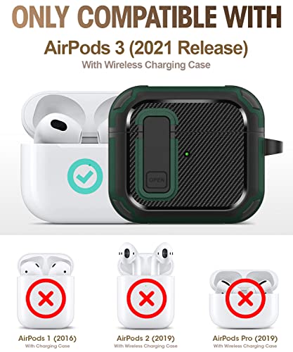 Gmuda Airpod 3 Case Cover With Lock, Compatible With Airpods 3Rd Generation(2021), Carbon Fiber, Full Drop Protection For Airpods 3, Green #TOP6