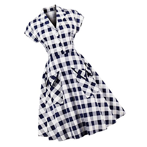 Homyl Stylish Vestido feminino azul xadrez vintage estilo anos 50 60 coquetel festa manga curta skat