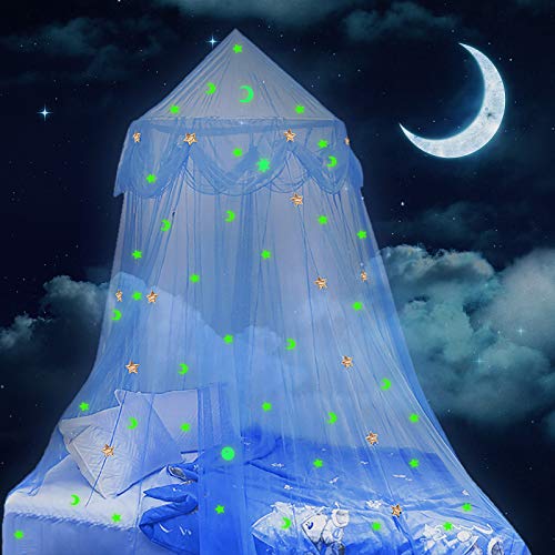 Glamorstar Bed Canopy for Girls Princess Mosquito Net Glow in The Dark Stars and Moon Crib Hanging Tent Bedroom Decor Gift for Kids Blue