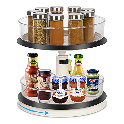 Lazy Susan - Plato giratorio con 2 niveles de altura ajustable, organizador de cocina, estante para especias para armarios de cocina, estante de cocina, de plástico, estantería de cocina de 2 niveles Cover