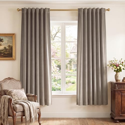 Image of Camel Beige Velvet Curtains for French Door Decor, W52xL72, 2 Panels | 300GSM Thick Soft Fabric, Light Blocking, Summer Heat Insulated, Pinch Pleat Window Covering for Studio, Dining Room, Kitchen