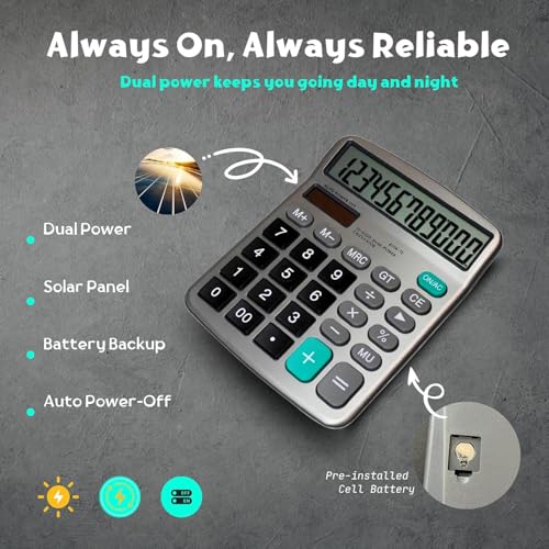 Image of 12-Digit Desktop Adding Machine with Large LCD Display, 120 Steps Check & Correct, Dual Power Solar & Battery, Big Button Office Use for Home, School & Business, White | 1 AAA Battery Included