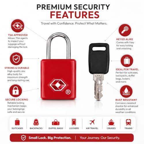 Image of QUIRA TSA Approved Travel Padlock with Key, Luggage Lock for Suitcase, Backpack, Locker & Travel Bags, Heavy Duty Security Lock (Red)