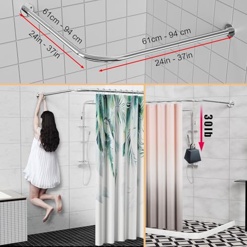 Image of Stretchable 304 Stainless L Shaped Bathroom Bathtub Corner Shower Curtain Rod Rack (24 inch-37 inchx24 inch-37 inch), Drill Free Install, for Bathroom, Clothing Store, Private space