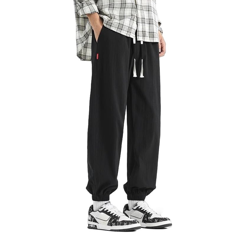 Mokaloha Mens Pants, Men's Casual Hemp Fabric Embroidered Logo Drawstring Loose Elastic Waist Pocket Trousers Classic