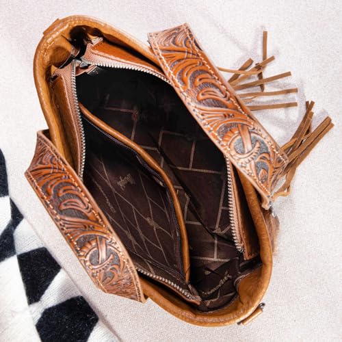 Image of Montana West Wrangler Cowhide Tote Bag for Women Western Tooling Handbag Leather Fringing with Turquoise Stone Concho