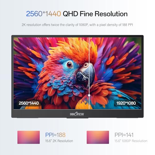 Image of InnoView 2K Portable Monitor 15.6 inch QHD 100% sRGB, Built-in 180 Adjustable Stand Travel Monitor USB C Standard HDMI Ultra-Slim Portable Monitor for Laptop MacBook Phone PS5 Xbox Switch