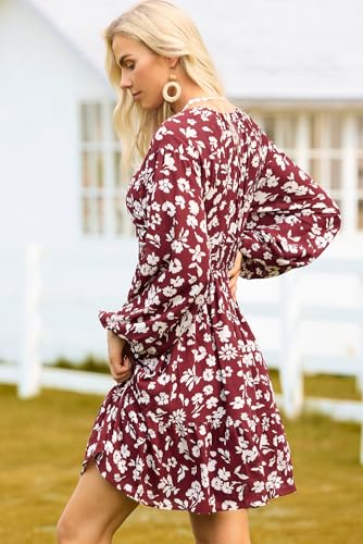 Image of Dokotoo Womens Dresses Boho Floral V Neck Long Sleeve Smocked Elastic Waist Casual A-Line Mini Dress Sundress