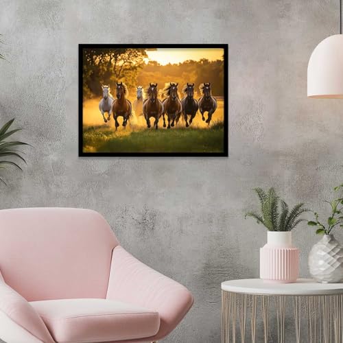 Image of HOTHOUSE Seven Running Vastu Lucky Horse | 7 Horses Vastu Frame Wall Art Painting for Living Room Bedroom Office Home Decor Rising Sun Painting Wall Decor Size (13X17 inch)