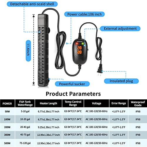 Image of HiTauing Aquarium Heater, 50W /100W /200W /300W /500W Submersible Fish Tank Heater with Over-Temperature Protection and Automatic Power-Off When Leaving Water for Saltwater and Freshwater (Pack of 2)