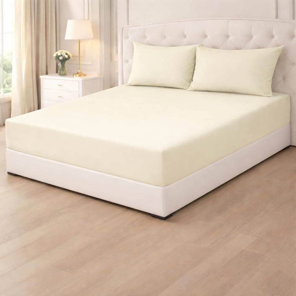 Poly Cotton Fitted Sheets 25cm,Plain PolyCotton Fitted Bed Sheets,Shrinkage & Fade Resistant Percale Quality Fitted Sheets,Non Iron Easy Care (Cream, Super King)