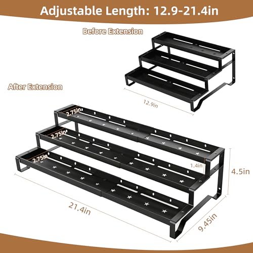 Expandable-Spice-Rack-Organizer-for-Cabinet-3-Tier-Spicy-Shelf-Black-1Pack-Adjustable-Length-13-21-Easy-to-See-Labels-Sturdy-Metal-Slip-Resistant-Guardrails-for-Jars-Cabinet-Countertop-Storage