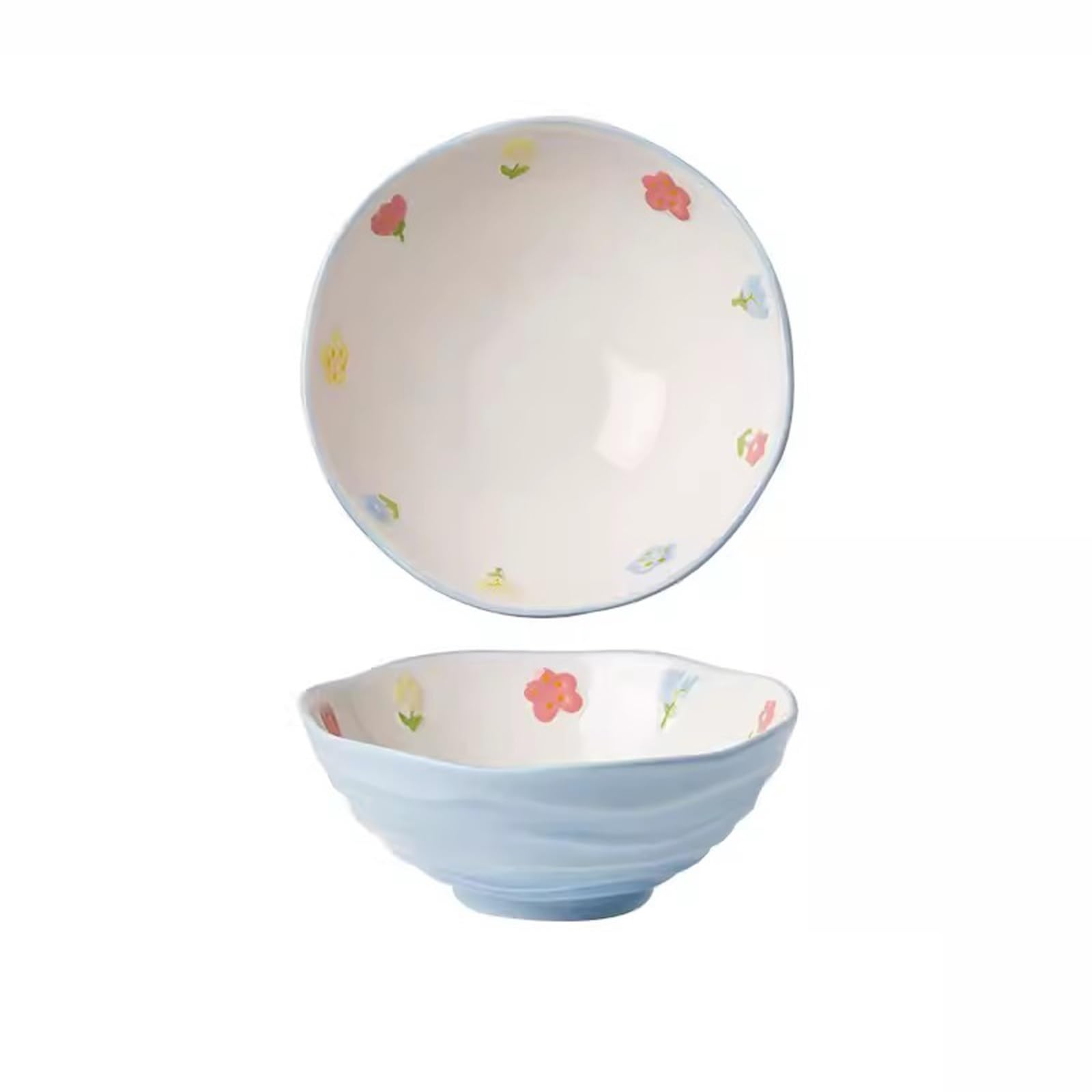 WOTZOV Salad Bowls 8Inch Ceramic Noodles In Soup Bowl Lamian Noodles Bowl Household Soup Bowl Large Bowl Tableware Sky Blue Pastoral Style Ceramic Bowl，A 7inch