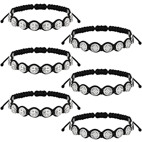 Hicarer 6 Pcs Saint Benedict Bracelets Protection Adjustable Handmade Black Cord Religious Jewelry ST Benedict Medal Rosary Wrist Bracelet Serenity Blessing Catholic Gifts for Women Men