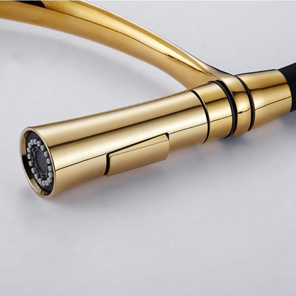 Miscelatore da cucina allungabile in oro e nero con doccetta estraibile, rubinetto da cucina monocomando girevole a 360° in ottone